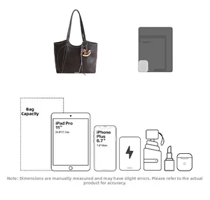 Detail of dark brown tote bag capacity fitting 11-inch iPad Pro with horse charm