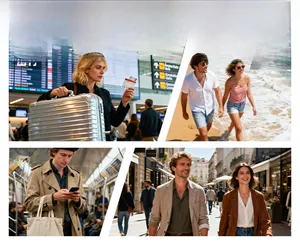 Collage of silver aluminum suitcase in airport, beach, subway and city street scenes