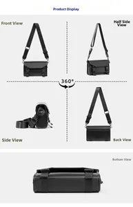 Multi-angle views of a black messenger bag with adjustable straps and buckles