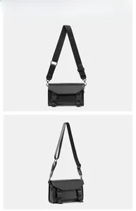 Detail showing front and side view of black waterproof crossbody bag with buckles