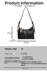 Detailed size specifications for a black PU leather hobo bag with a pearl bow charm