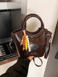 Retro dark brown glossy tote bag with beaded pendant and detachable shoulder strap
