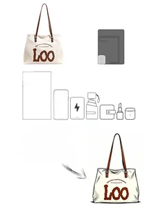 Detailed capacity diagram of a canvas tote bag showing storage space for daily essentials