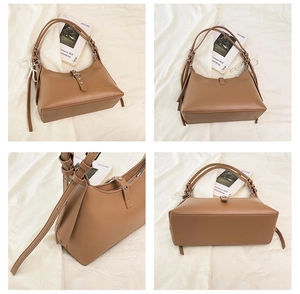 Detail shots of a brown hobo shoulder bag with a pearl charm from four different angles