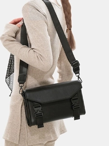 Men's large capacity matte black crossbody bag with buckle closure and wide strap