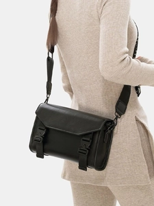 Waterproof black crossbody bag for men with double buckle flap and wide strap