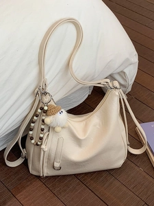 Retro Large Capacity PU Leather Tote Bag For Women Casual Soft Hobo Shoulder Bag With Plush Doll Charm Minimalist Handbag