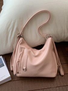 Vintage light pink large capacity hobo shoulder bag with silver hardware and soft leather