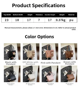 Detailed grid showing multi-color options and size specs for the leather bucket bag