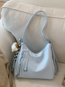 Retro light blue large capacity PU leather shoulder bag with plush charm and side beads