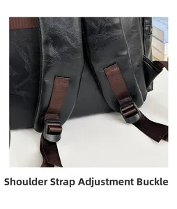 Detail of adjustable shoulder strap buckle on a black textured leather backpack