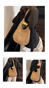 Detail of handcrafted hollow floral crochet on a beige straw beach tote bag