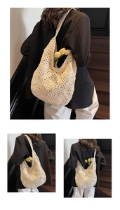 Detail of off-white crochet tote bag with hollow woven texture and floral decoration