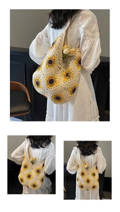 Close-up of handmade crochet tote bag with sunflower pattern and cotton knit texture