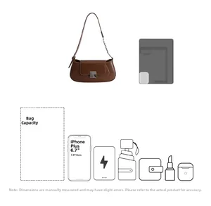 Brown faux leather baguette bag capacity detail showing storage for phone and accessories