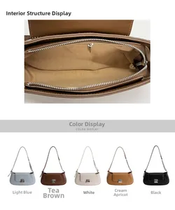 Detail of multi-color minimalist baguette bags showing inner pockets and silver chain strap
