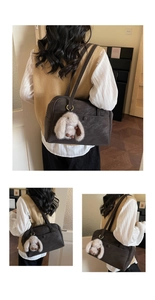 Deep brown tote bag with plush rabbit charm detail and convenient front pocket