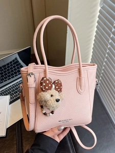 Women Vintage Litchi Pattern PU Leather Bucket Bag With Cute Plush Charm For Daily Commuting Crossbody Shoulder Bag