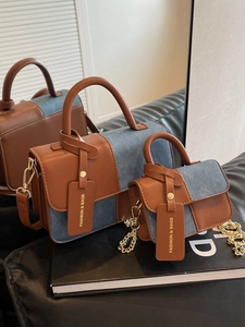 Women Color Block PU Leather Small Square Crossbody Bag Retro Patchwork Handbag With Top Handle Chain Strap Satchel Purse