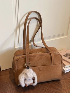 Brown vintage faux suede tote bag with plush rabbit pendant for daily commuting fashion