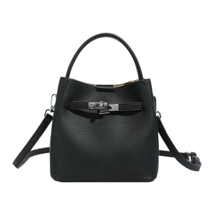 Classic black litchi grain leather bucket bag with silver twist lock and shoulder strap
