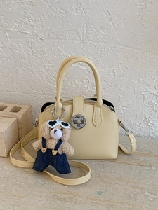 Vintage PU Leather Handbag For Women Minimalist Small Square Shoulder Crossbody Bag With Teddy Bear Charm Commuter Purse