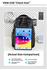 Large capacity black PU leather backpack showing interior space for tablets and phones