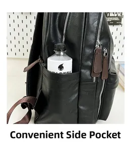 Detailed close-up of a black leather backpack featuring a convenient side water bottle pocket