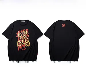 Front and back views of black street style T-shirt with bear graffiti and round logo