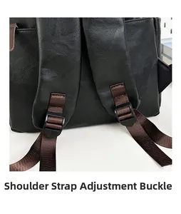 Detail of adjustable coffee nylon strap and buckle on black leather backpack