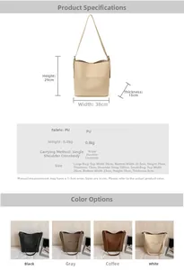 Detailed view of large PU bucket bag dimensions and four available color variations