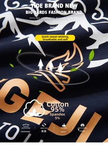 Detaillierte Textur eines dunkelblauen T-Shirts aus 95% Baumwolle und 5% Elasthan