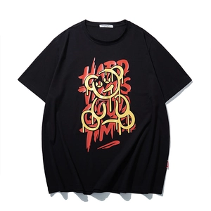 Men's Plus Size Cotton T-Shirt Streetwear Graffiti Bear Letter Print Loose Short Sleeve Summer Black Casual Top