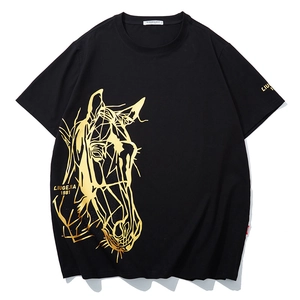 T-Shirt Grande Taille en Coton pour Hommes Imprimé Graphique Tête de Cheval Géométrique Or Strass Décontracté Manches Courtes