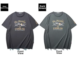 Detaillierte Flachbildansicht von Baumwoll-T-Shirts in Dunkelgrau und Waldgrün mit Bergprint