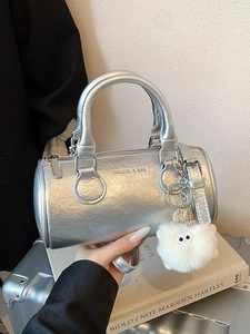 Women Fashion PU Leather Cylindrical Crossbody Bag Pillow Shape Letter Print Top Handle Shoulder Bag With Plush Charm