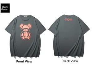 Front and back view of dark green t-shirt with orange bear graphic and logo detail