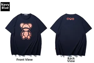 Front and back view of navy blue T-shirt featuring cartoon bear and letter print