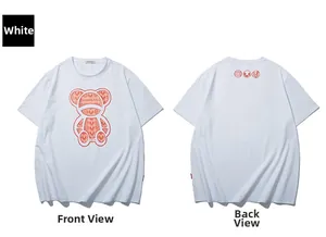 Front and back views of white cotton T-shirt featuring a red bear and letter print details