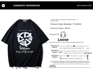 Detail view of cotton-blend fabric composition and angel print on oversize black tee