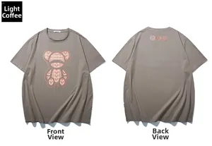 Flat lay of light khaki t-shirt featuring front cartoon bear print and back logo detail