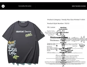 Detail view of graffiti print on dark grey cotton T-shirt with fabric specifications
