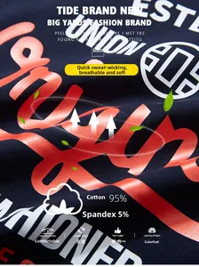 Detail of navy blue T-shirt fabric made of 95% cotton and 5% spandex with red print