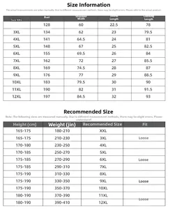 Detailed size chart for oversized men's T-shirt covering sizes XXL to 12XL measurements
