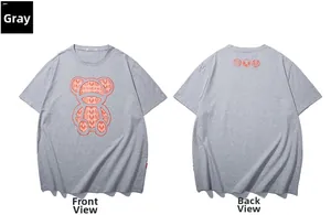 Detailed front and back view of grey cotton T-shirt with red bear and letter print