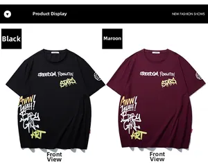 Detail of street graffiti print on black and burgundy oversized cotton t-shirts