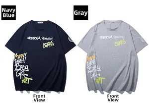 Detail view of navy blue and grey oversized t-shirts featuring graffiti letter prints