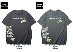 Flat lay view of dark grey and forest green street style graffiti print t-shirts