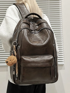 Large Capacity PU Leather Backpack For Men Women Retro Street Style School Laptop Bag With Teddy Bear Charm Casual Travel Daypack
