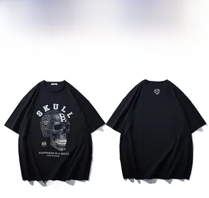 Detailed view of skull graphic and star logo on black heavy cotton t-shirt